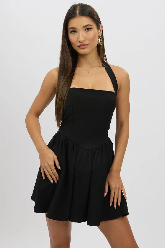 Black Halter Neck Mini Dress Cozy Knitted Mini Dress