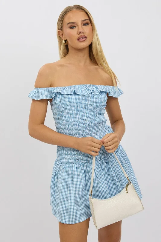 Blue Check Shirred Mini Dress Elegant Satin Mini Dress