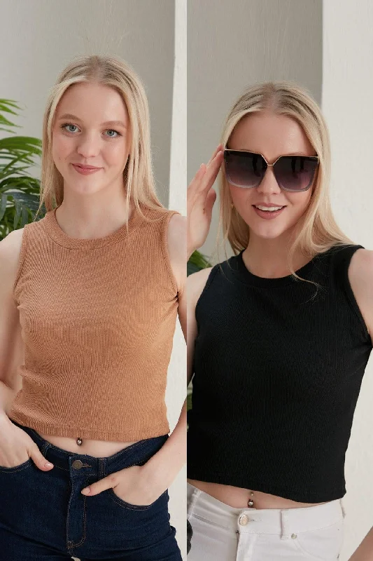 Women's Black Biscuit Halter Neck 2 Piece Crop Blouse Casual Relaxed Fit Blouse