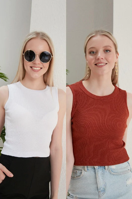 Women's White Tile Halter Neck 2 Piece Crop Blouse Drape Neck Blouse