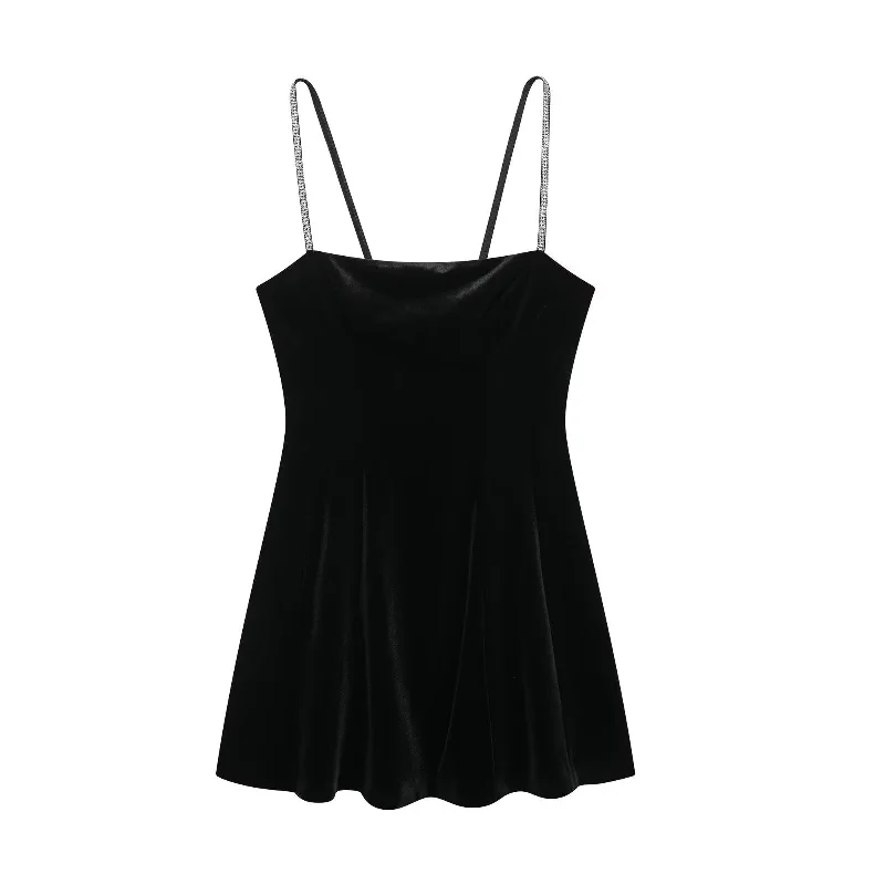 Rhinestone Strap Velvet Mini Dress Trendy Wraparound Mini Dress