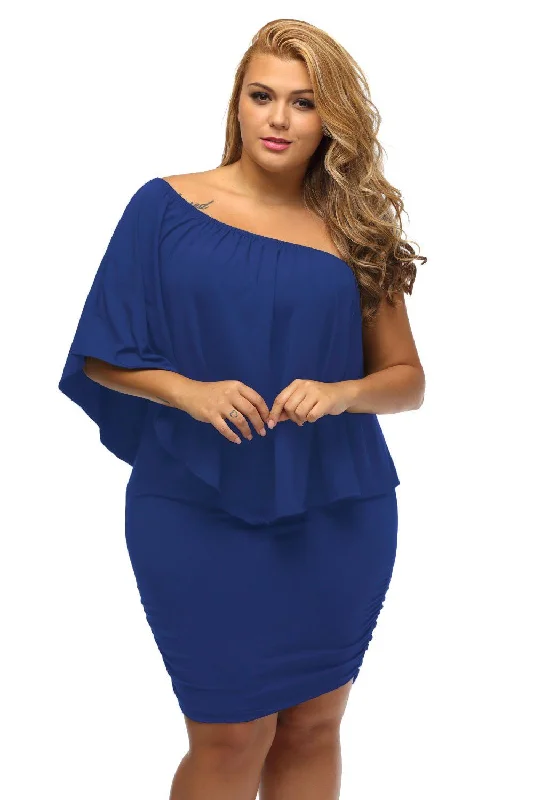 Women's Royal Blue Off Shoulder Bandeau Ruffles Multiple Layered Plus Size Mini Dress Trendy Off-Shoulder Dress Mini Women's Royal Blue Off Shoulder Bandeau Ruffles Multiple Layered Plus Size Mini Dress Trendy Off-Shoulder Dress Mini