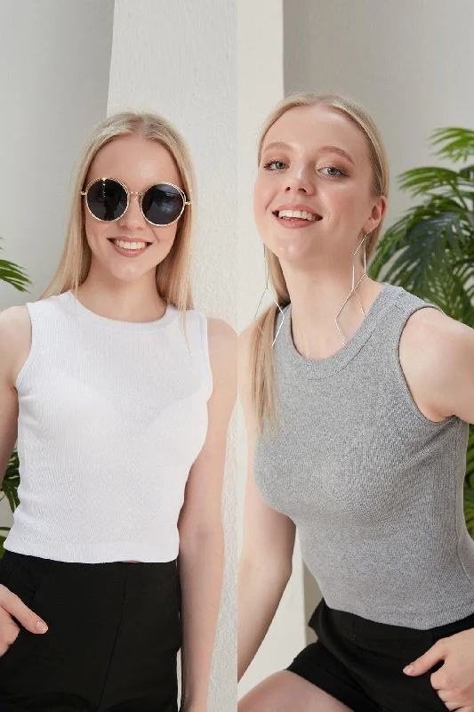 Women's Gray White Halter Neck Corduroy 2-Pack Crop Blouse Backless Summer Blouse