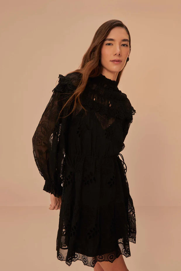 Flowered Organza Mini Dress Black - Farm Rio Trendy Mesh Mini Dress