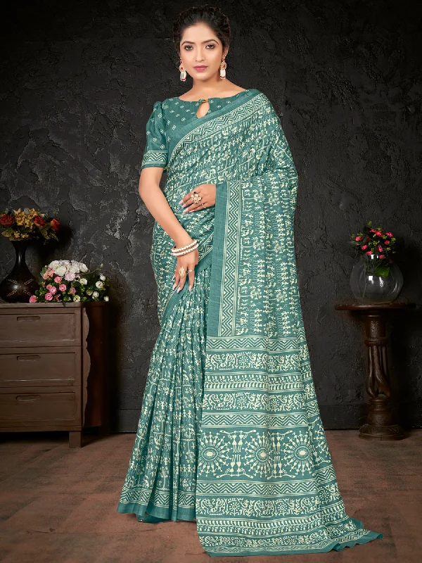 Women's Dola Silk Sea Green Printed Designer Saree With Blouse Piece Romantic Lace Blouse Women's Dola Silk Sea Green Printed Designer Saree With Blouse Piece Romantic Lace Blouse