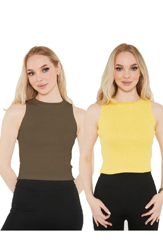 Women's Yellow Khaki Halter Neck Corduroy 2-Pack Crop Blouse Boho Chic Blouse