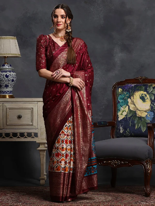 Women's Dola Silk Maroon Printed Designer Saree With Blouse Piece Feminine Satin Blouse Women's Dola Silk Maroon Printed Designer Saree With Blouse Piece Feminine Satin Blouse