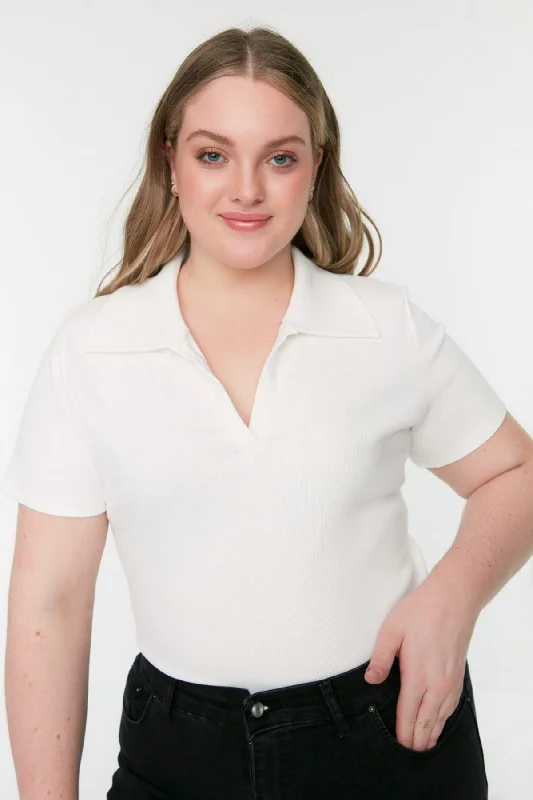 White Ribbed Knitted Pond Collar Blouse TBBSS22BZ0750 Ruched Sleeve Blouse