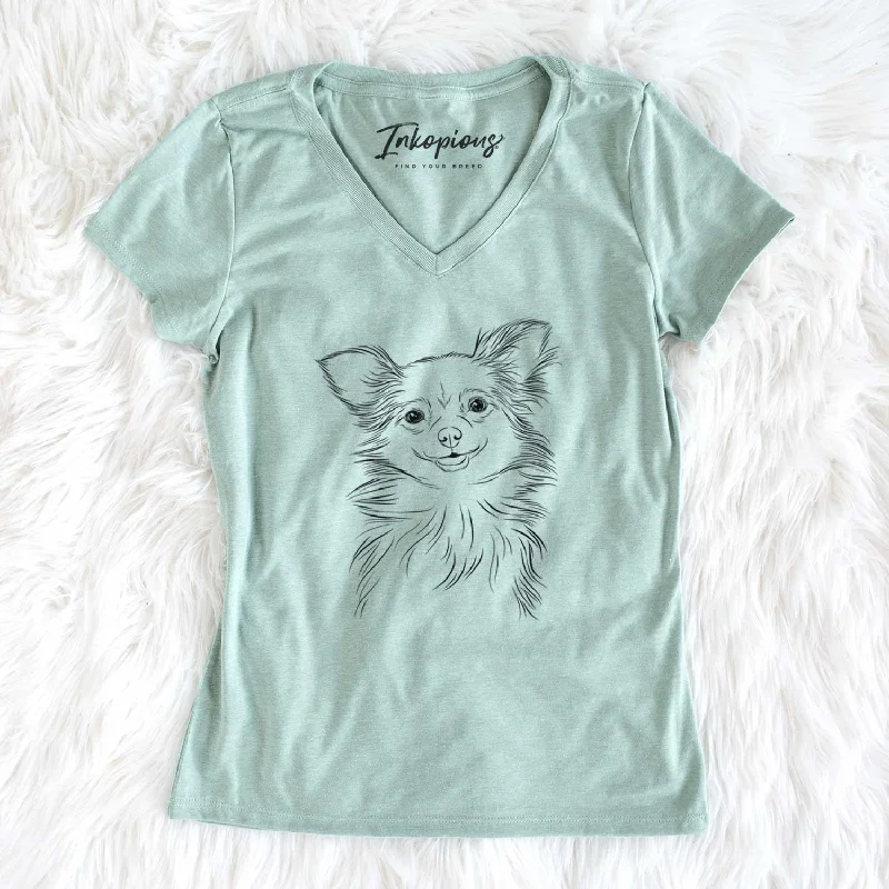 Bare Marzi the Long Haired Chihuahua - Women's V-neck Shirt-- Notch Collar Peter Pan Collar Cowl Neck Bare Marzi the Long Haired Chihuahua - Women's V-neck Shirt-- Notch Collar Peter Pan Collar Cowl Neck