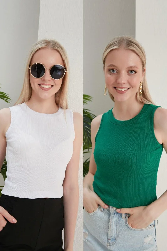 Women's Green White Halter Neck Corduroy 2-Pack Crop Blouse Silky Tunic Blouse