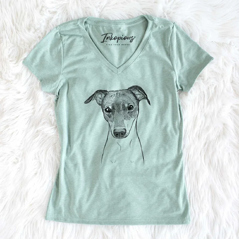 Bare Momo the Japanese Terrier - Women's V-neck Shirt-- Striped Floral Plaid