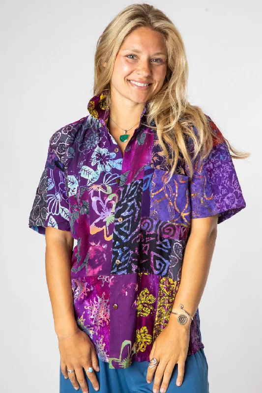 Patchwork Party Batik Button Up Shirt-- Notch Collar Peter Pan Collar Cowl Neck