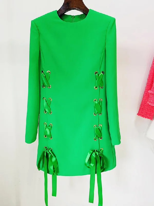 Daniella Green Lace Up Long Sleeve Mini Dress Cozy Cowl Neck Mini Dress