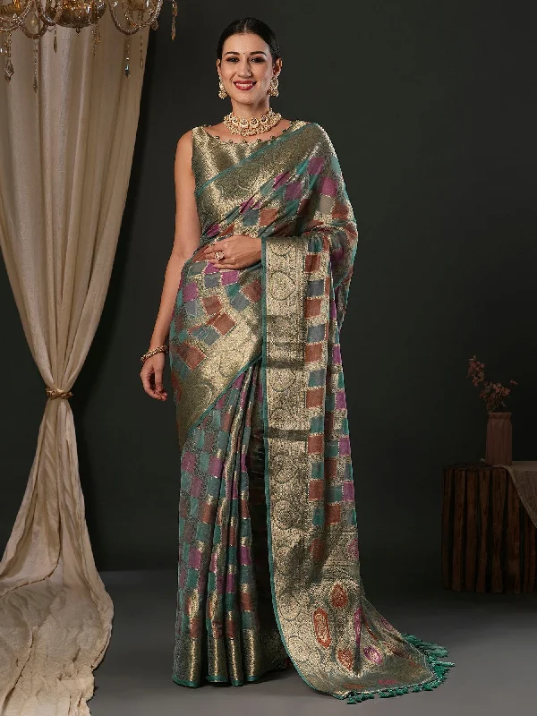 Women's Organza Sea Green Woven Design Designer Saree With Blouse Piece Classic Minimalist Blouse Women's Organza Sea Green Woven Design Designer Saree With Blouse Piece Classic Minimalist Blouse