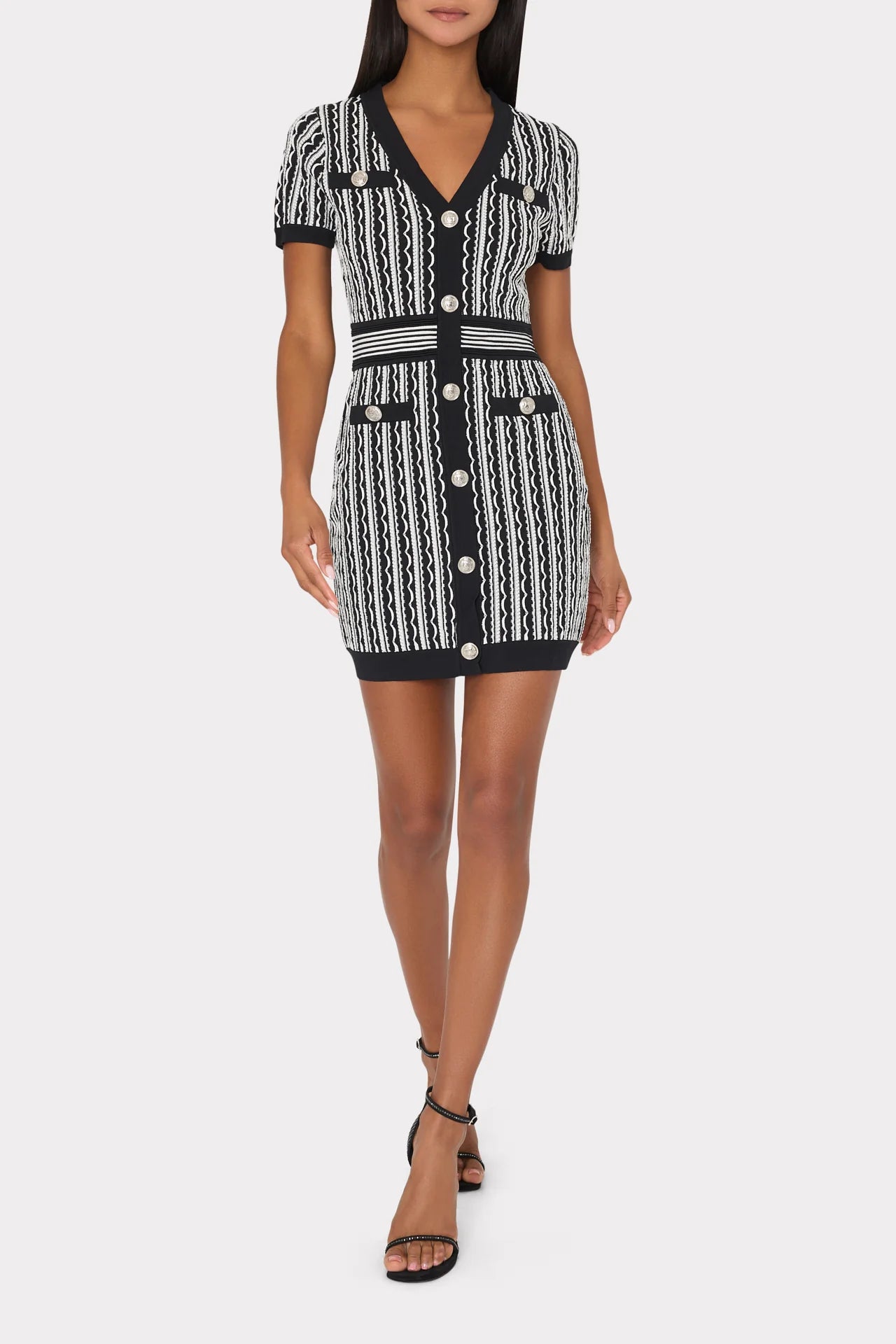 Scallop Textured V Neck Knit Mini Dress Black Multi - Milly Classic Floral Mini Dress