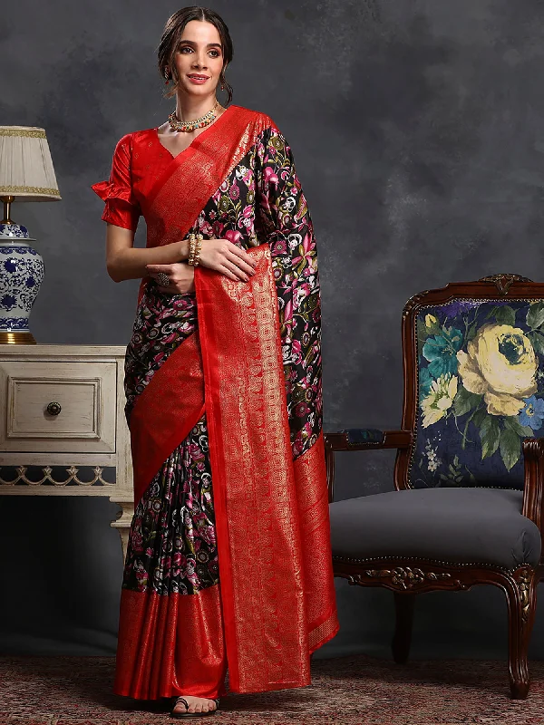 Women's Dola Silk Black Printed Designer Saree With Blouse Piece Airy Cotton Blouse