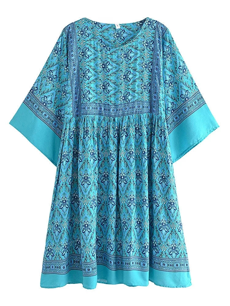 Mahleah's Boho Cotton Mini Dress Long Top Comfortable Smocked Mini Dress