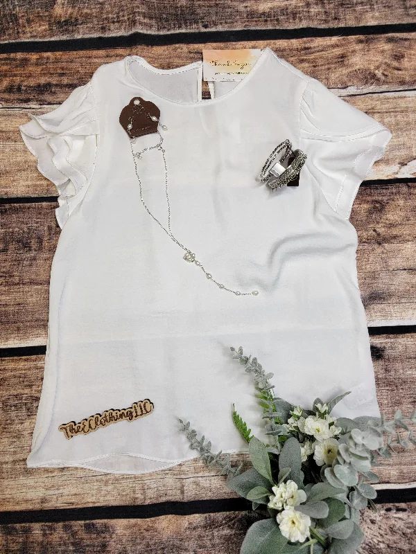 Tulip Sleeve Blouse - White Feminine Puff Blouse