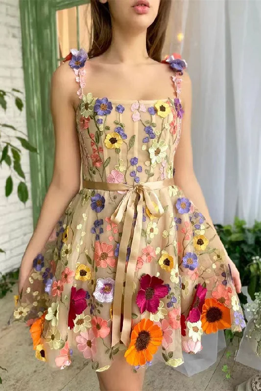 storexq Floral Embroidery Rocking Lace-Up Tulle Mini Dress Elegant Lace Mini Dress