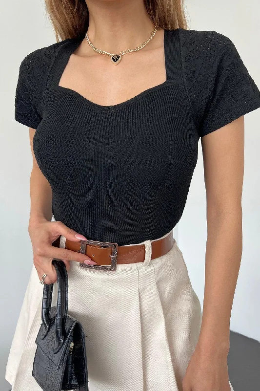 Women's Black Sleeve Knit Detailed Short Sleeve Heart Collar Knitwear Blouse Floral Chiffon Blouse
