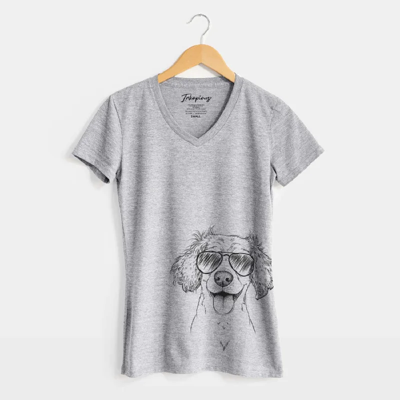 Aviator Piglet the Dachshund Mix - Women's V-neck Shirt-- Rayon Fabric Velvet Fabric Corduroy Fabric Aviator Piglet the Dachshund Mix - Women's V-neck Shirt-- Rayon Fabric Velvet Fabric Corduroy Fabric