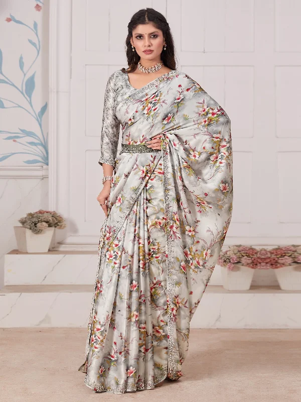 Women's Satin Silk Metallic Embellished Designer Saree With Blouse Piece Frilled Cuff Blouse Women's Satin Silk Metallic Embellished Designer Saree With Blouse Piece Frilled Cuff Blouse