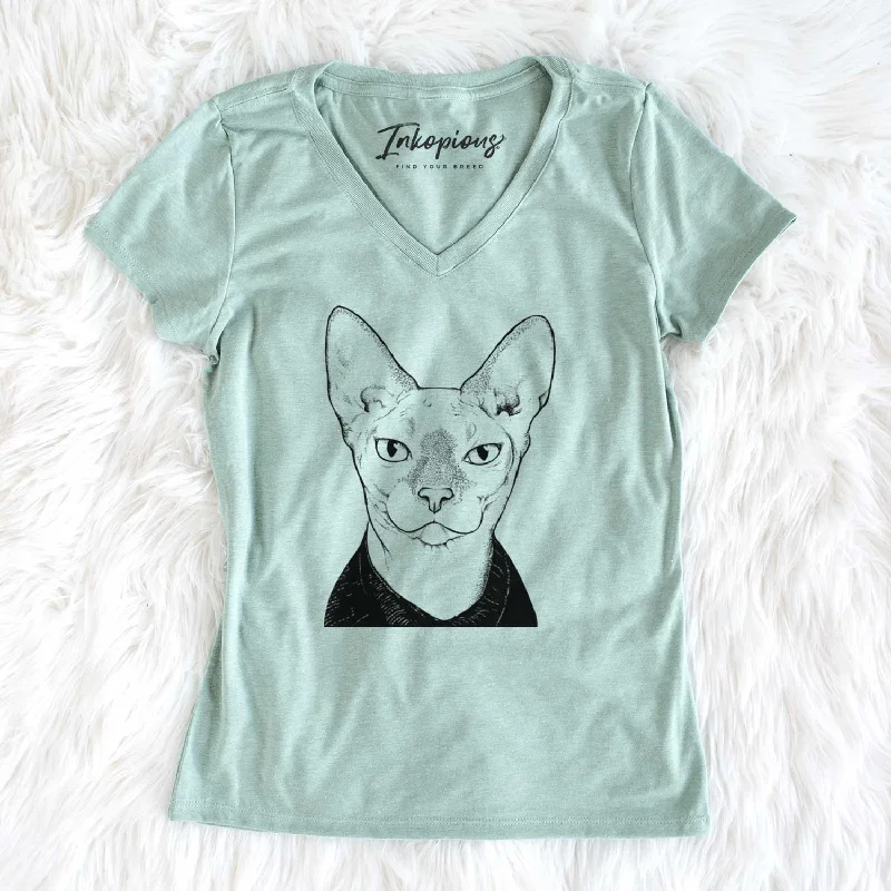 Bare Oliver Watson the Sphynx Cat - Women's V-neck Shirt-- Wool Fabric Cashmere Fabric Tweed Fabric Bare Oliver Watson the Sphynx Cat - Women's V-neck Shirt-- Wool Fabric Cashmere Fabric Tweed Fabric