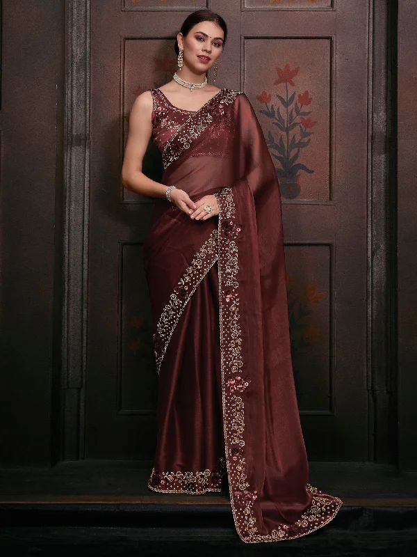 Women's Organza Brown Embellished Designer Saree With Blouse Piece Classic White Blouse Women's Organza Brown Embellished Designer Saree With Blouse Piece Classic White Blouse