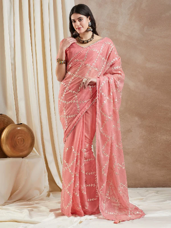 Women's Georgette Peach Embroidered Designer Saree With Blouse Piece Oversized Silk Blouse Women's Georgette Peach Embroidered Designer Saree With Blouse Piece Oversized Silk Blouse
