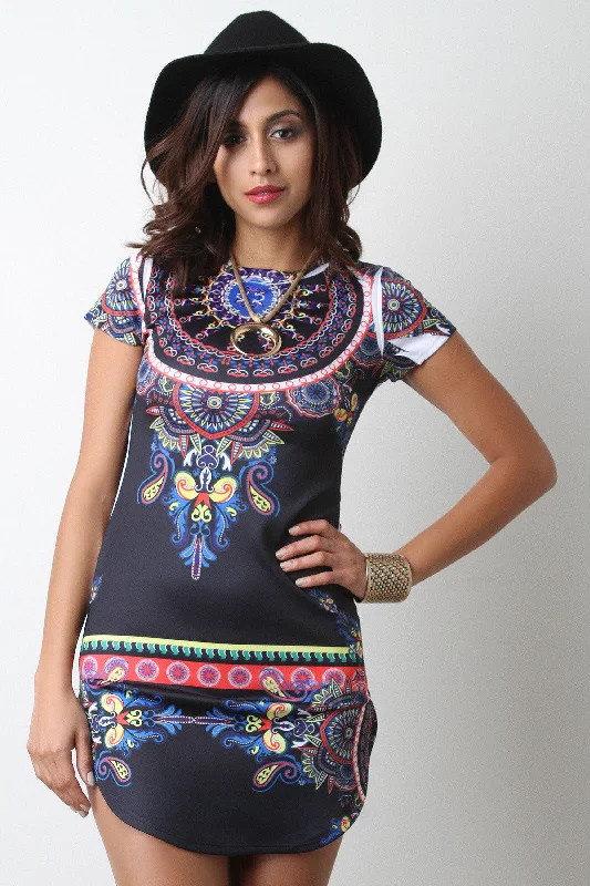 Abstract Spherical Print Mini Dress Casual Button-Up Mini Dress