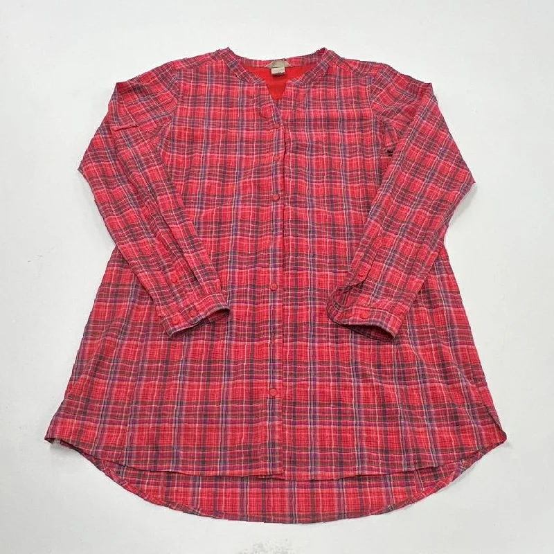 Duluth Trading Co. Red Plaid Long Sleeve Button-Down Blouse Women's Size Medium Semi-Sheer Blouse