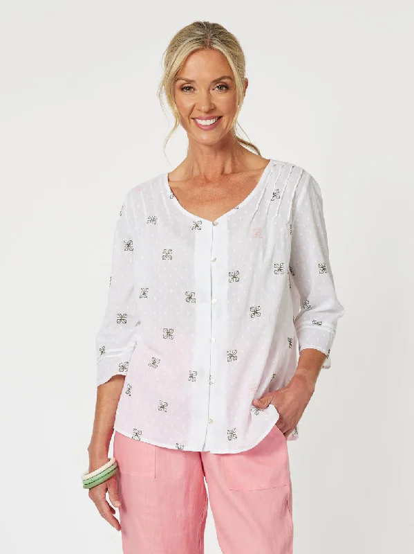 Faye Embroidered Shirt - White-- Front Pockets Side Pockets Patch Pockets