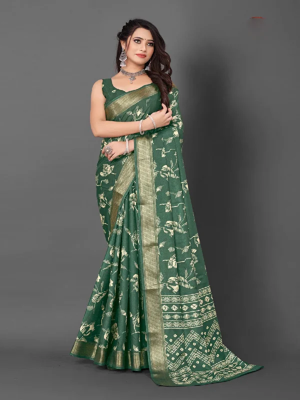 Women's Dola Silk Green Printed Designer Saree With Blouse Piece Casual Button Blouse Women's Dola Silk Green Printed Designer Saree With Blouse Piece Casual Button Blouse