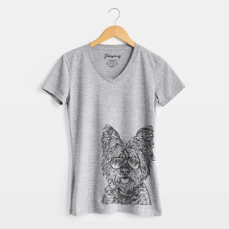 Aviator McDuff the Cairn Terrier - Women's V-neck Shirt-- Chenille Blend Fleece Blend Nylon Blend Aviator McDuff the Cairn Terrier - Women's V-neck Shirt-- Chenille Blend Fleece Blend Nylon Blend