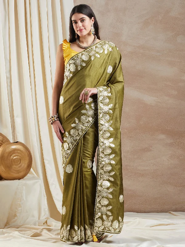 Women's Dola Silk Olive Embroidered Designer Saree With Blouse Piece Elegant Lace Blouse Women's Dola Silk Olive Embroidered Designer Saree With Blouse Piece Elegant Lace Blouse
