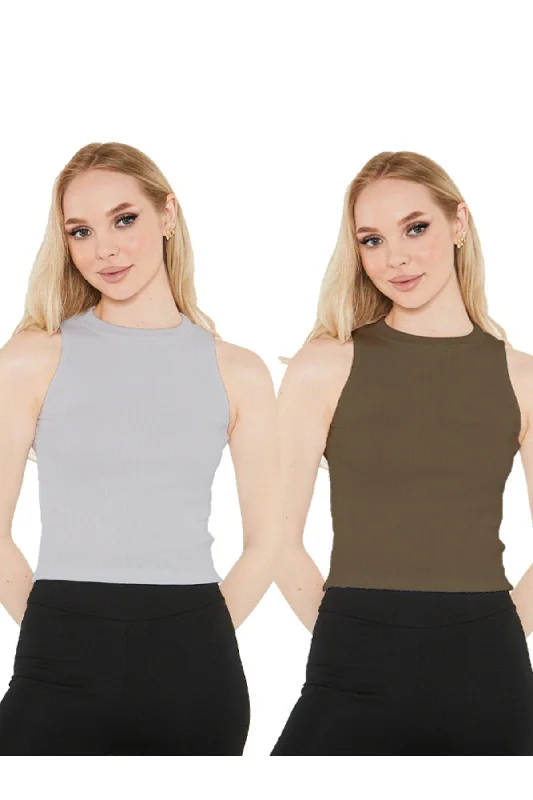 Women's Gray Khaki Halter Neck 2 Piece Crop Blouse Bell Sleeve Blouse