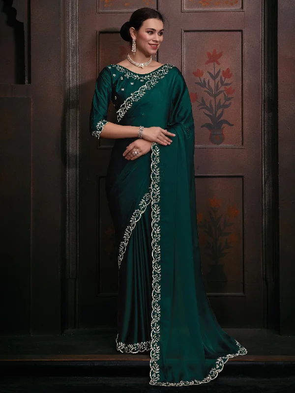 Women's Chiffon Teal green Embellished Designer Saree With Blouse Piece Peter Pan Blouse Women's Chiffon Teal green Embellished Designer Saree With Blouse Piece Peter Pan Blouse