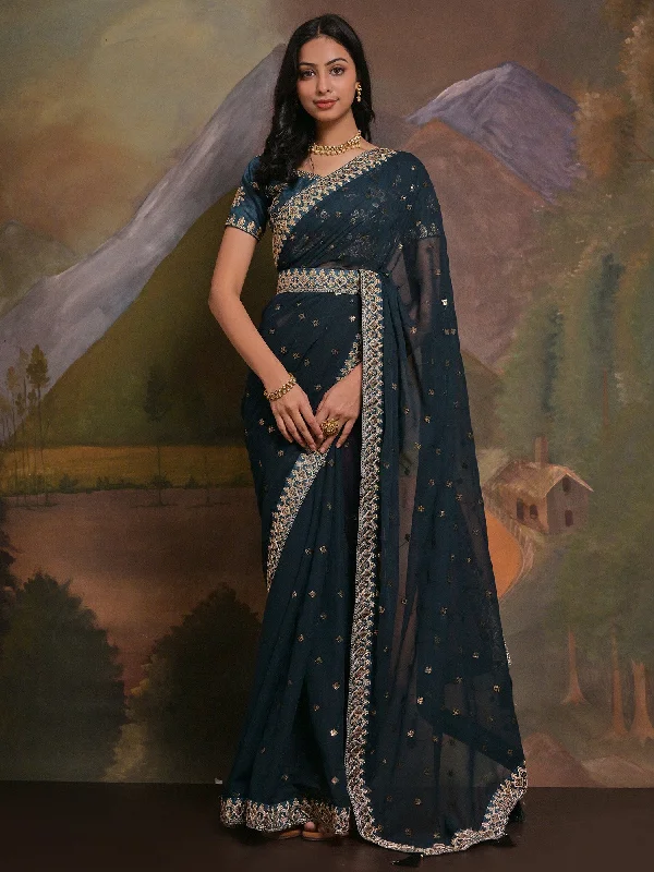 Women's Georgette Teal blue Embellished Designer Saree With Blouse Piece Embroidered Cotton Blouse Women's Georgette Teal blue Embellished Designer Saree With Blouse Piece Embroidered Cotton Blouse