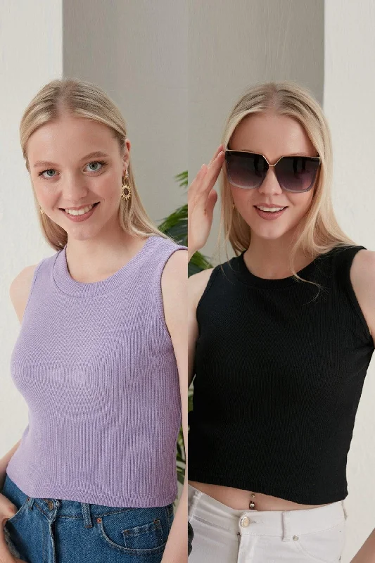 Women's Lilac Black Halter Neck 2 Piece Crop Blouse Smart Casual Blouse