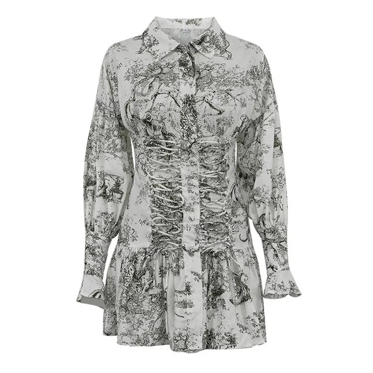 Vintage Print Ruched Long Sleeve Mini Dress Trendy Lace Mini Dress