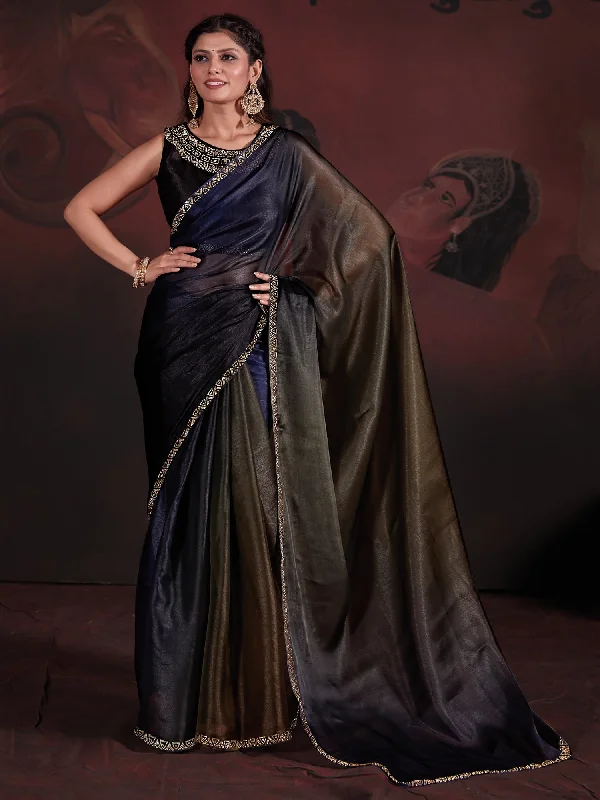 Women's Organza Navy Blue Embellished Designer Saree With Blouse Piece Boho Printed Blouse Women's Organza Navy Blue Embellished Designer Saree With Blouse Piece Boho Printed Blouse