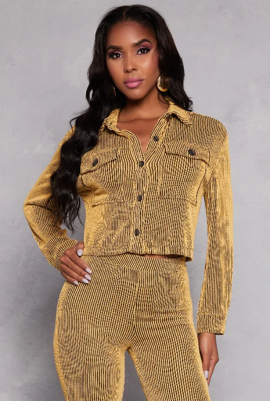 Textured Ribbed Knit Cropped Shirt-- Solid Print Embellished