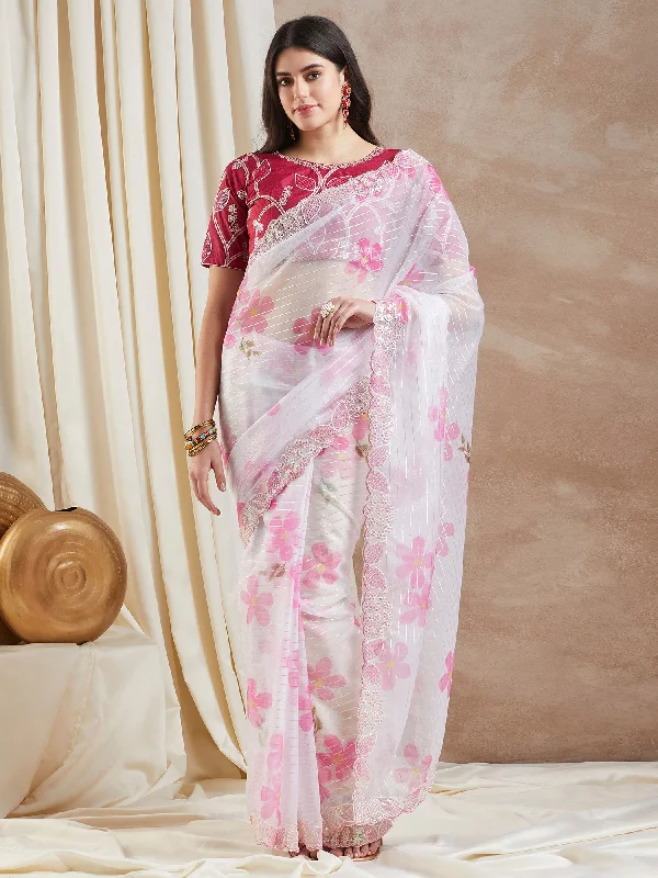 Women's Organza Pink Embellished Designer Saree With Blouse Piece Boho Printed Blouse Women's Organza Pink Embellished Designer Saree With Blouse Piece Boho Printed Blouse