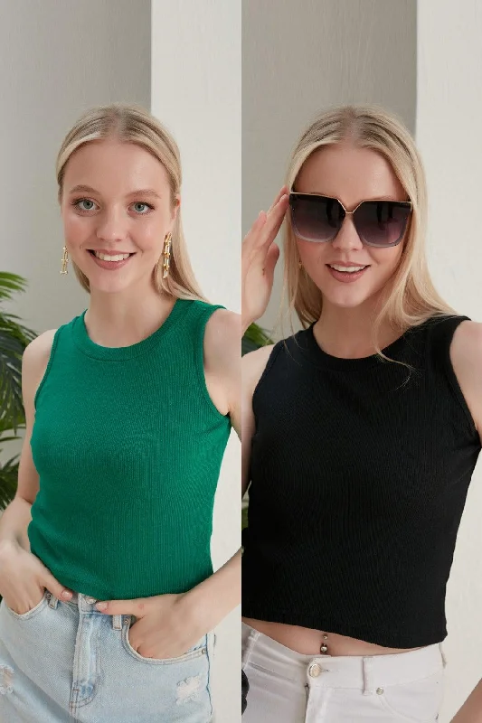 Women's Green Black Halter Neck 2 Piece Crop Blouse Boho Chic Blouse
