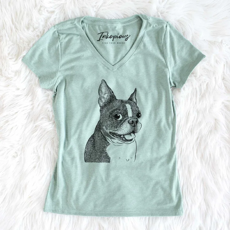 Bare Ralphie the Boston Terrier - Women's V-neck Shirt-- Anti-Pilling Machine Wash Handmade Bare Ralphie the Boston Terrier - Women's V-neck Shirt-- Anti-Pilling Machine Wash Handmade
