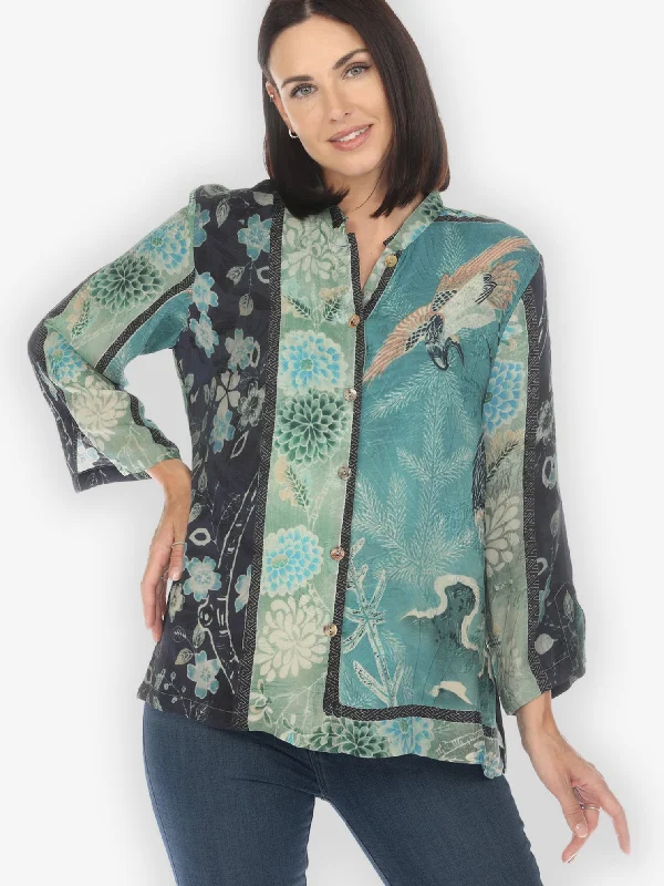 Crane Bamboo Floral Silk Blend Blouse Stylish Wrap Blouse