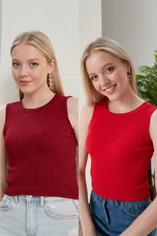 Women's Burgundy Red Halter Neck 2 Piece Crop Blouse Boho Printed Blouse