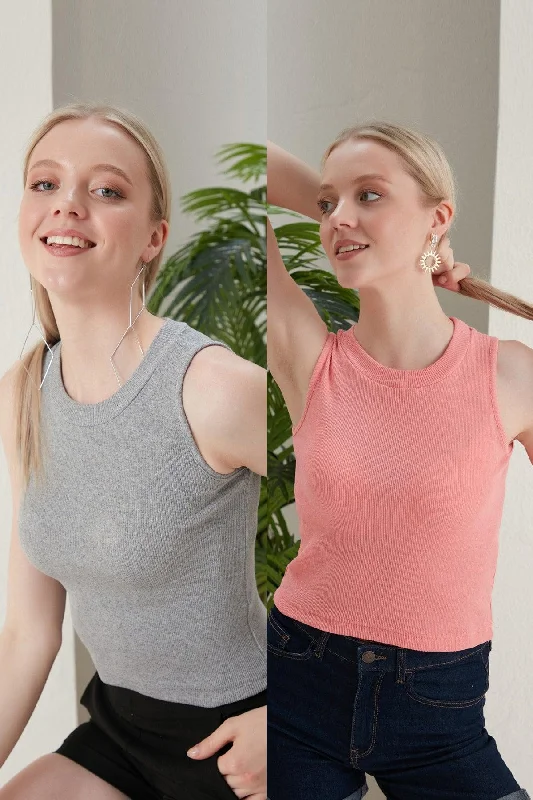 Women's Gray Powder Halter Neck 2 Piece Crop Blouse Classic White Blouse