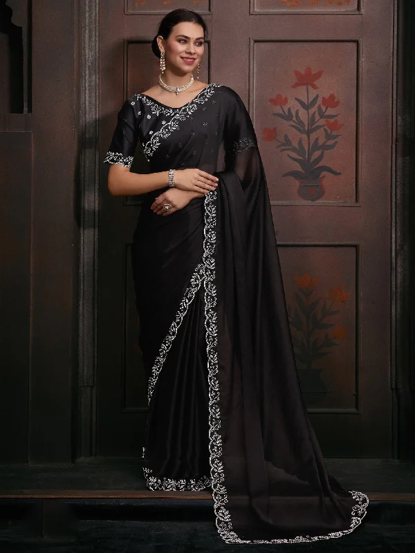 Women's Chiffon Black Embellished Designer Saree With Blouse Piece Satin Long Blouse