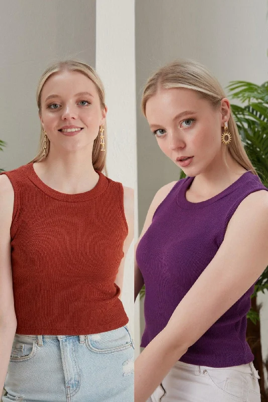 Women's Tile Purple Halter Neck 2 Piece Crop Blouse Short Sleeve Blouse